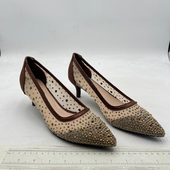 XYD Brown Pointed Toe Slip On Mesh Pumps Rhinestone Studs Comfy Kitten Heel Shoe - Picture 4 of 8